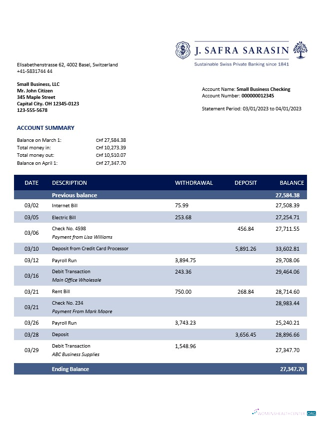 Download J. Safra Sarasin Bank business statement Word and PDF template Photoshop template